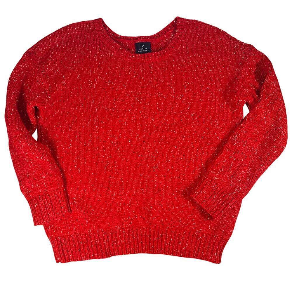 American Eagle Sweater Red Metallic Crew Neck Winter Vintage Boyfriend Womens L